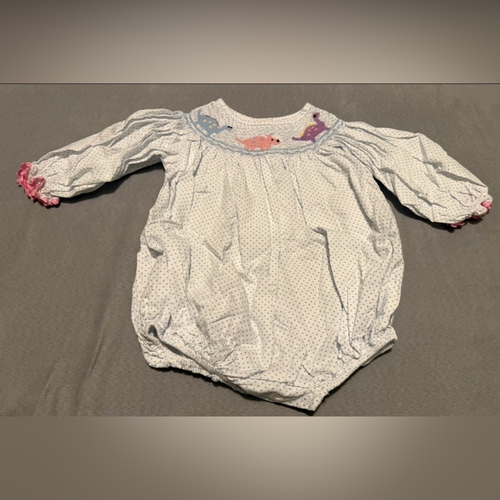 White Polka Dot Baby Romper with Dinosaur Design